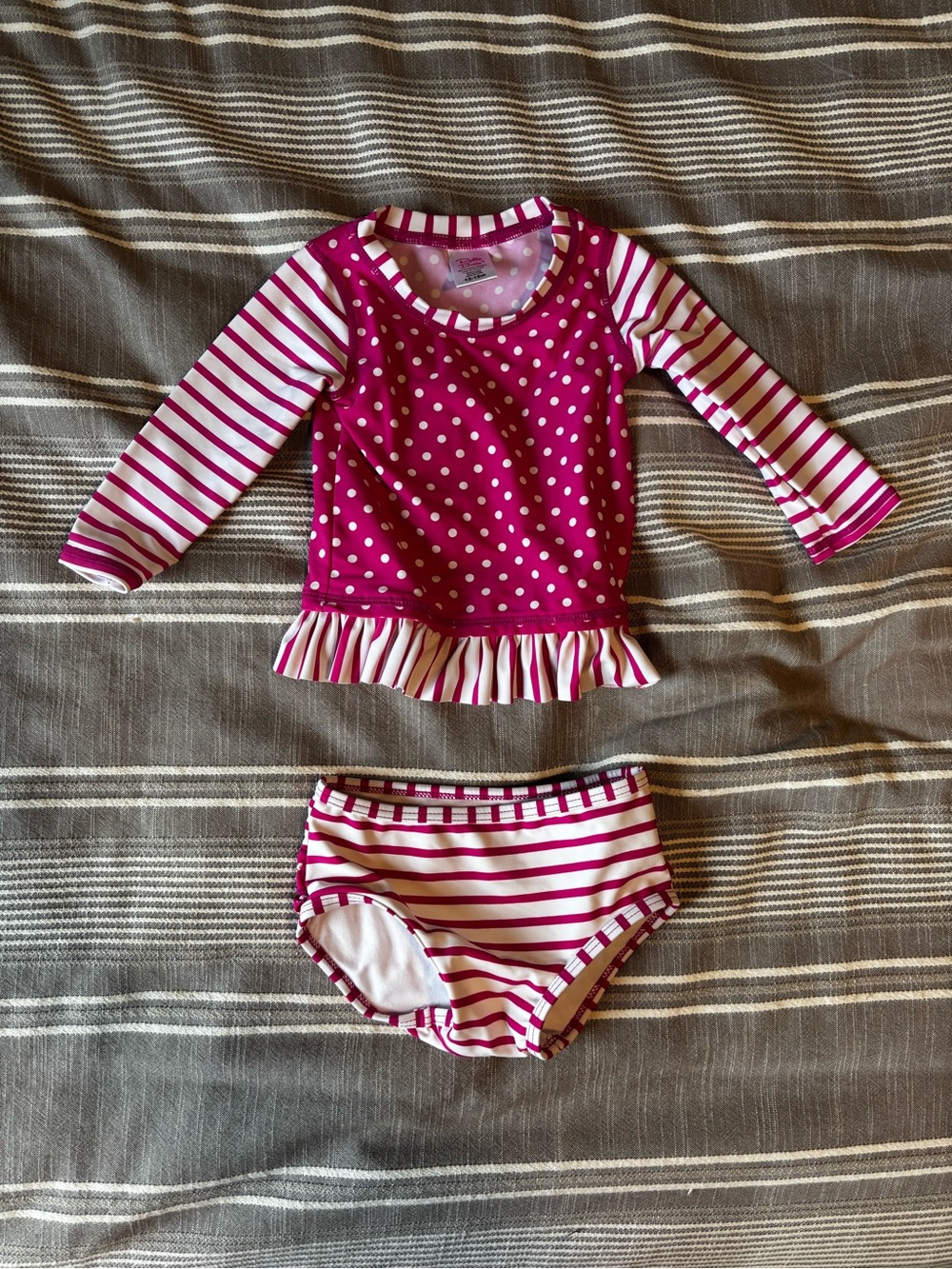 Ruffle Butts Hot Pink & White Polka Dot Stripe Rashguard Set